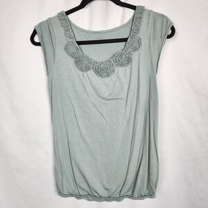 Ann‎ Taylor Loft Light Blue Top Cap Sleeve Ruffle Neckline Elastic Waist Sz Med